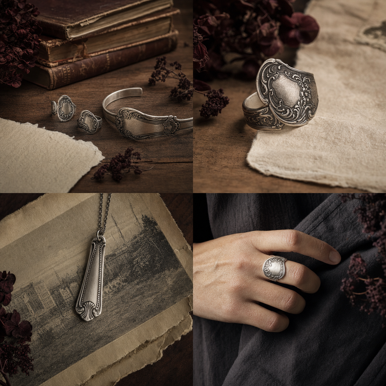 Vintage silver spoon jewellery on antique books